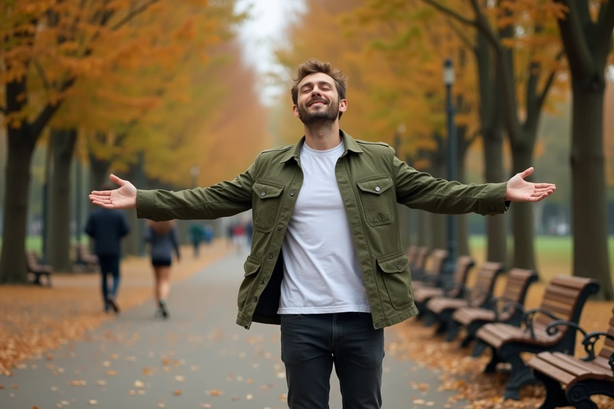 Homme pratiquant la pleine conscience en plein air dans un parc urbain en automne pour favoriser le bien-être psychologique