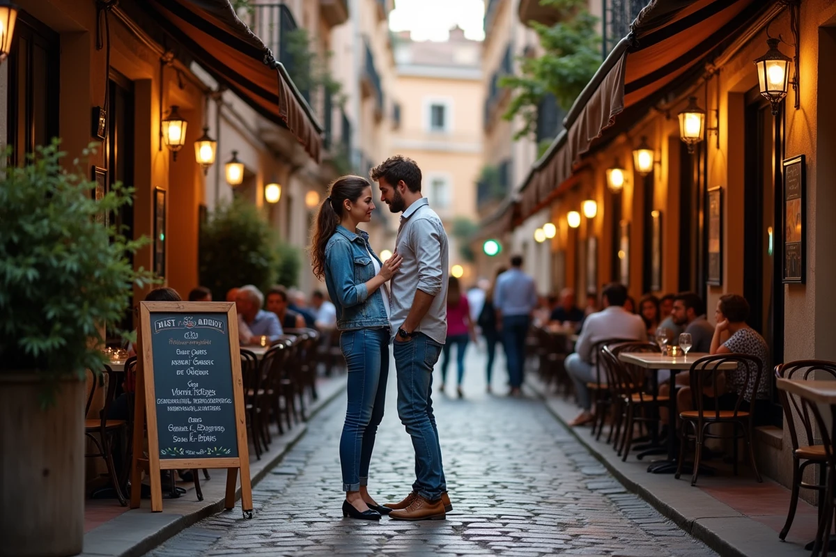 Couple découvrant les bars et restaurants du quartier Saint-Aubin à Toulouse au crépuscule