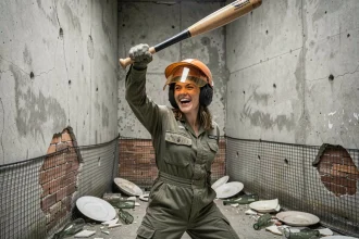 Femme en combinaison de protection frappant avec une batte dans une rage room à Lyon, entourée de débris et de murs en béton fissurés