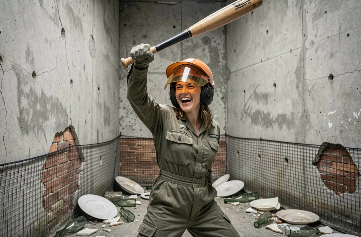 Femme en combinaison de protection frappant avec une batte dans une rage room à Lyon, entourée de débris et de murs en béton fissurés