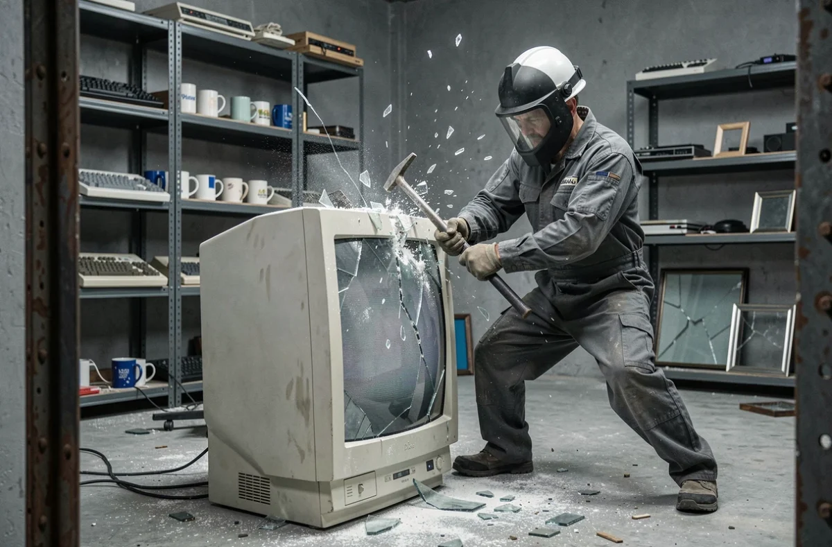 Homme en équipement de protection détruisant un vieux téléviseur avec un pied-de-biche dans une rage room lyonnaise