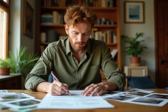 Homme roux aux cheveux naturels consultant des documents et photos pour retrouver un chanteur anglais introuvable