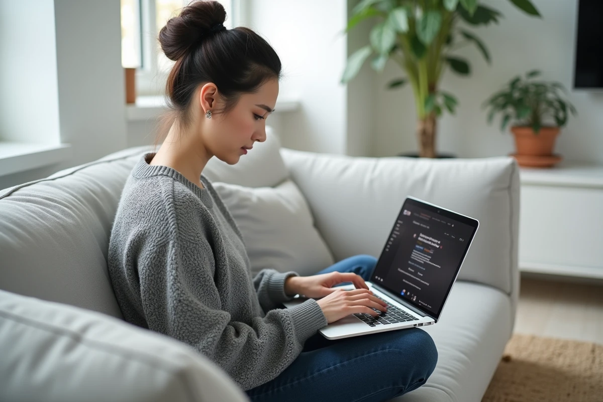 Femme effectuant des recherches en ligne sur un chanteur anglais aux cheveux roux sur son ordinateur portable