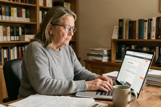 Femme consultant des pages blanches inversées sur un ordinateur portable dans un bureau à domicile entouré d'annuaires téléphoniques