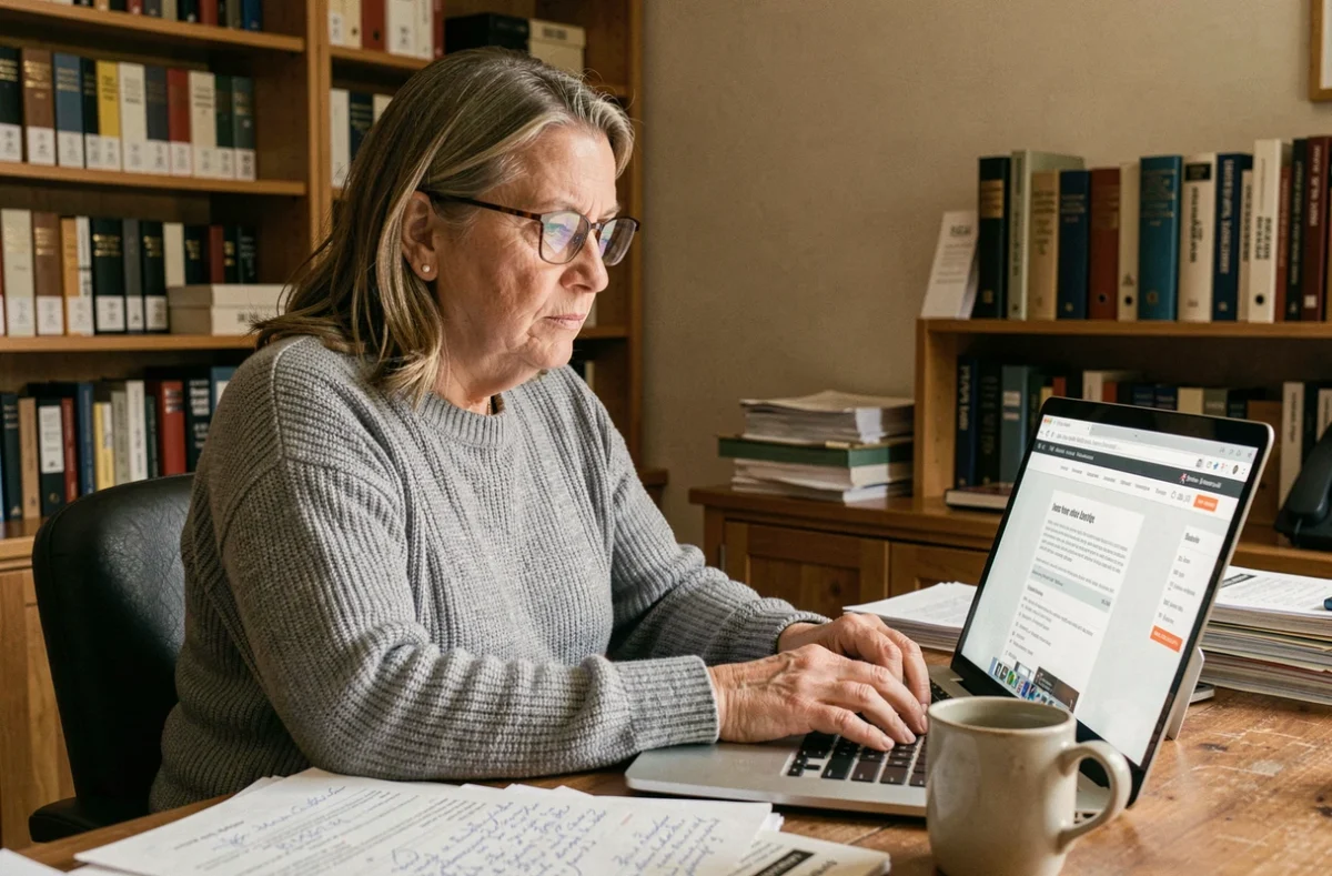 Femme consultant des pages blanches inversées sur un ordinateur portable dans un bureau à domicile entouré d'annuaires téléphoniques