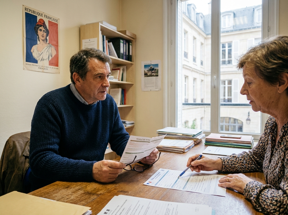 Homme français discutant du remboursement de ses lunettes avec un conseiller de la Sécurité sociale à Paris