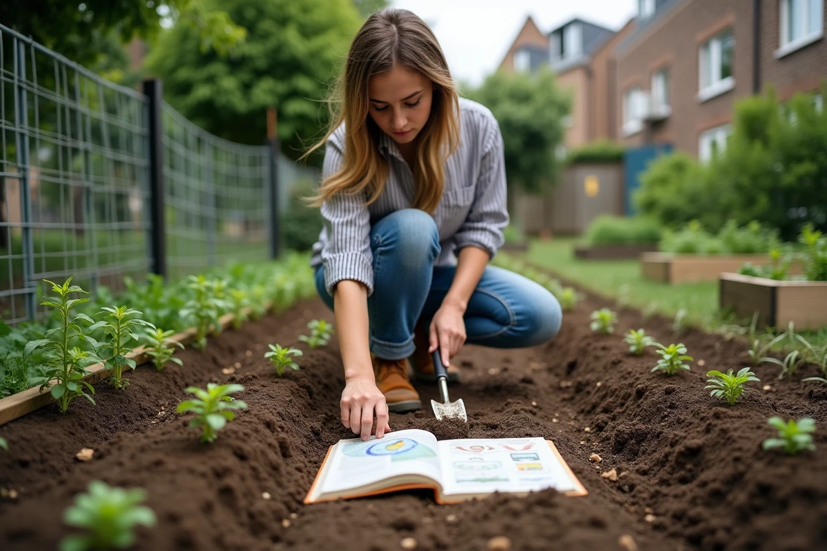 Jeune femme repiqueant des plants de légumes dans un jardin potager partagé en consultant un almanach lunaire posé au sol