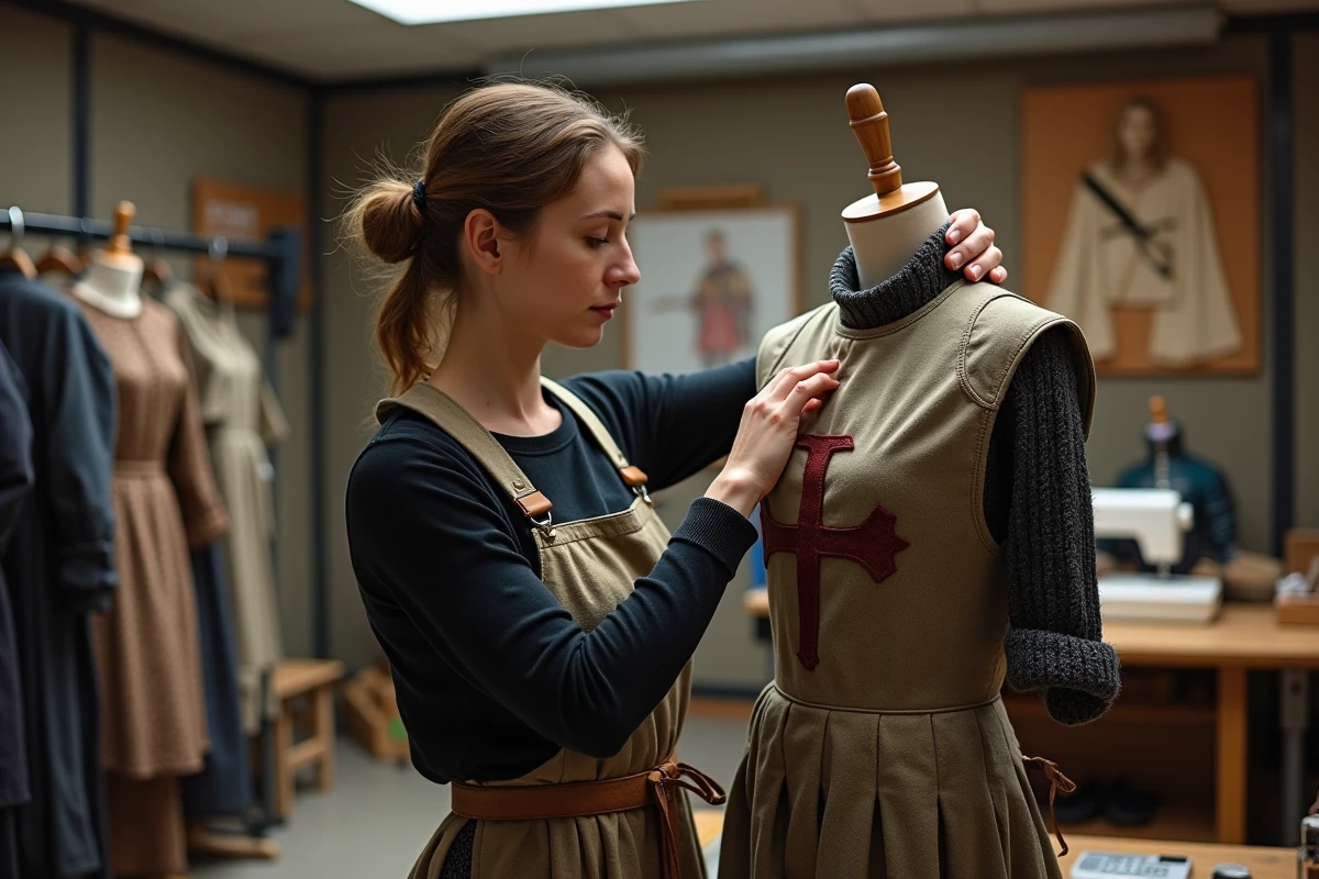 Jeune femme ajustant une tunique templier en studio de film