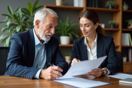 Homme senior et conseillère financière lors d'une réunion professionnelle