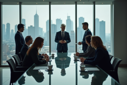 Dirigeants en réunion dans un bureau moderne avec vue urbaine