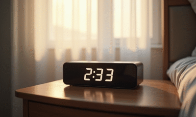 Réveil digital élégant sur une table de nuit à 3h33