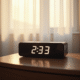 Réveil digital élégant sur une table de nuit à 3h33