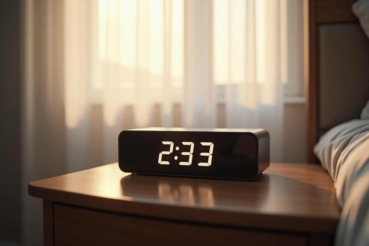 Réveil digital élégant sur une table de nuit à 3h33