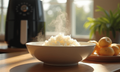 Riz blanc cuit dans un bol en céramique moderne avec vapeur