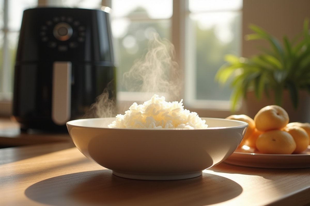 Riz blanc cuit dans un bol en céramique moderne avec vapeur