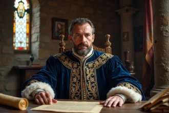 Portrait d'un roi médiéval français en robe de velours bleu