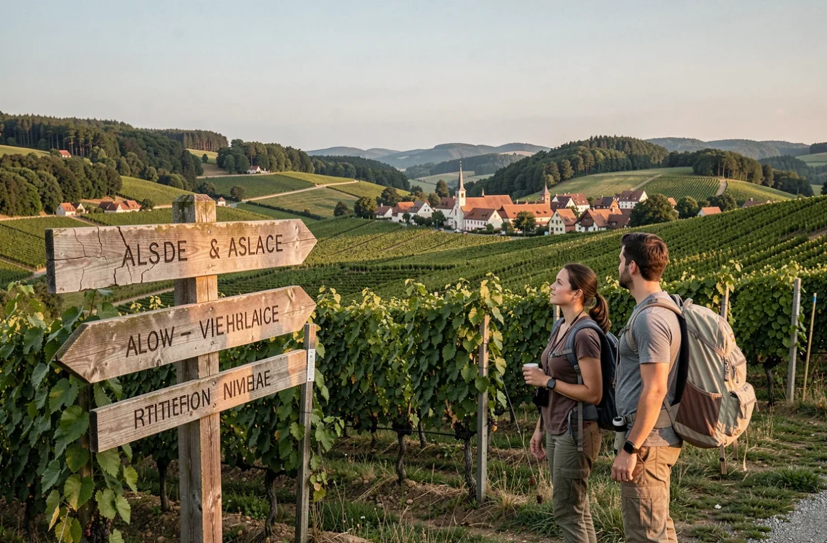 Couple de randonneurs devant un panneau indicateur sur la Route des Vins d'Alsace avec panorama sur les vignobles et villages