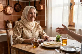 Femme algérienne souriant et souhaitant un bon ftour autour d'une table de petit-déjeuner traditionnelle avec msemen et thé à la menthe