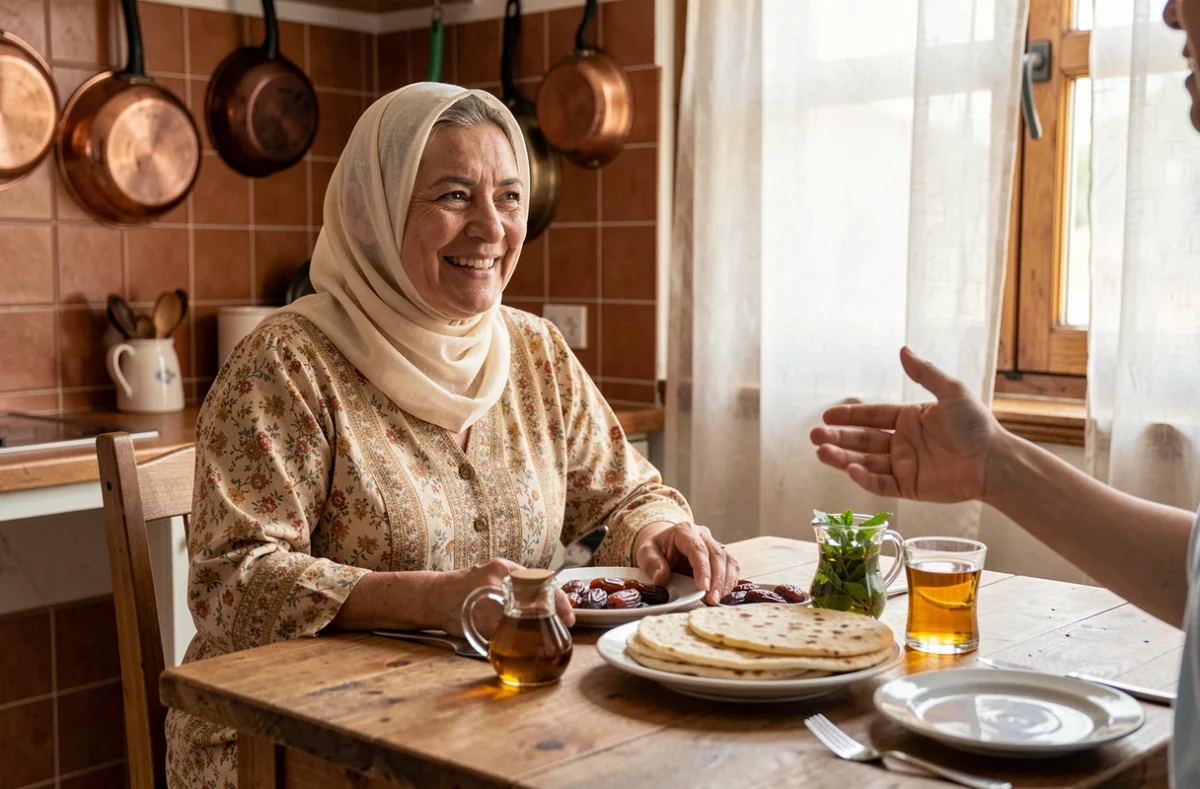 Femme algérienne souriant et souhaitant un bon ftour autour d'une table de petit-déjeuner traditionnelle avec msemen et thé à la menthe