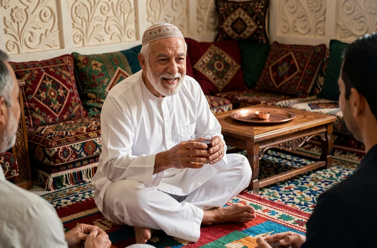 Homme âgé algérien en gandoura souhaitant Saha Ftourek à sa famille dans un salon traditionnel décoré