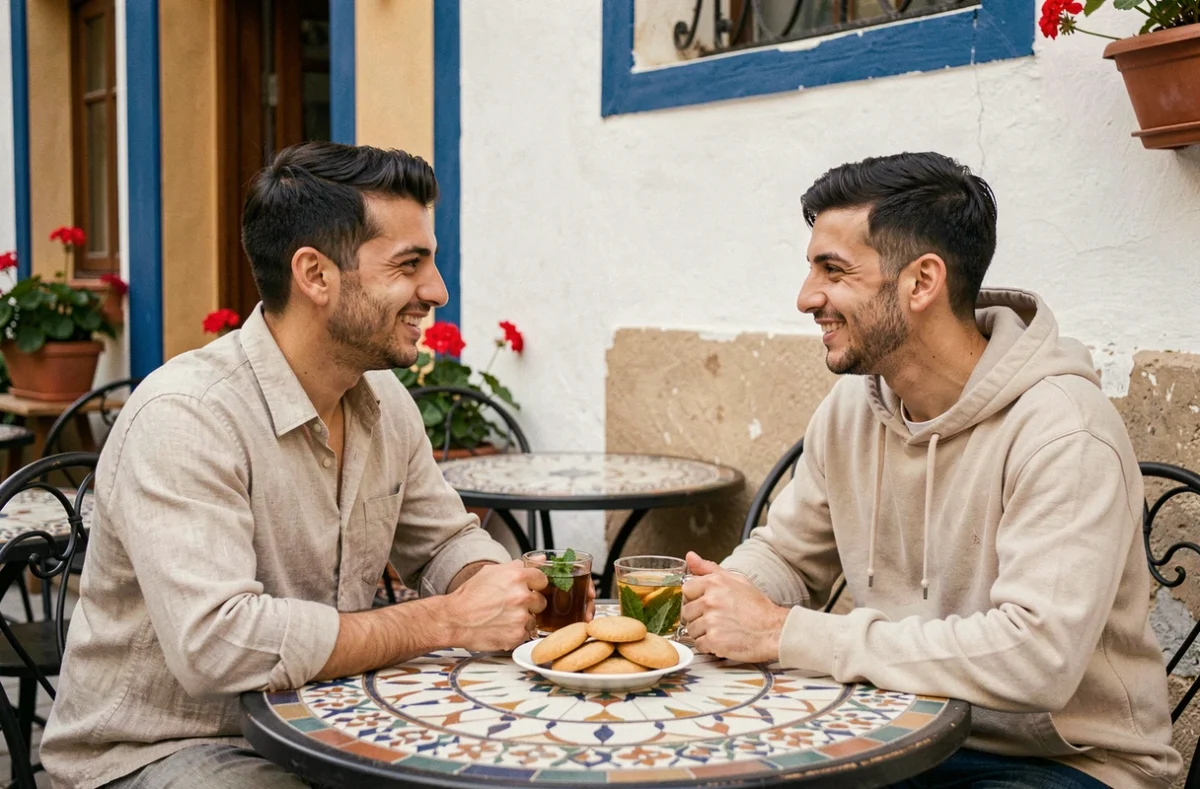 Deux jeunes hommes algériens échangeant des vœux de bon ftour autour d'un thé à la menthe en terrasse de café
