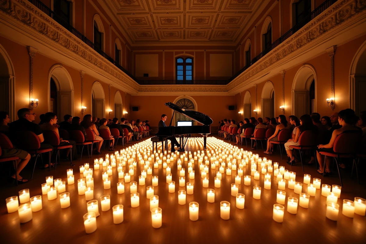 Salle de concert lyonnaise décorée de bougies pour un événement Candlelight 2026 avec pianiste solo