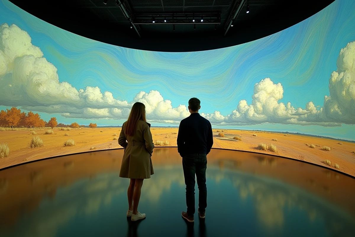 Deux visiteurs contemplant sereinement une projection immersive de La Chambre à Arles dans une salle presque vide de l'exposition Van Gogh à Lyon