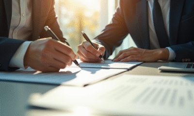 Deux professionnels signent un contrat au bureau