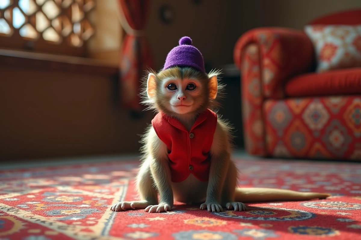 Singe capucin en veste rouge et fez violet sur tapis persan