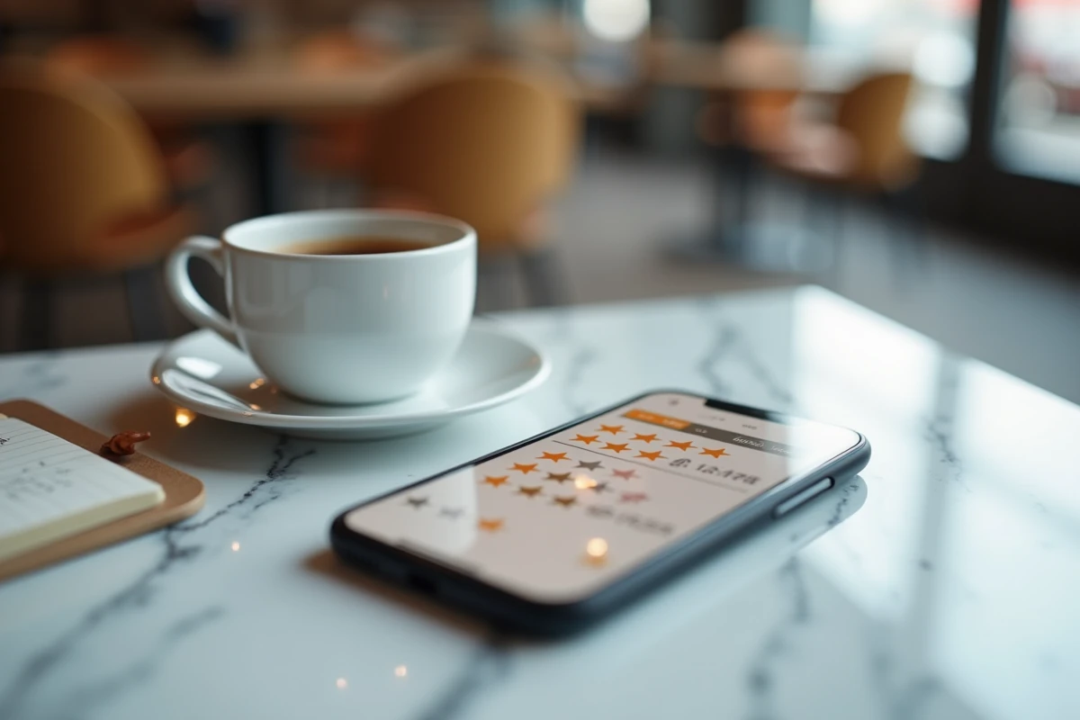 Smartphone affichant des avis utilisateurs et notes d'évaluation d'une plateforme en ligne posé sur une table de café