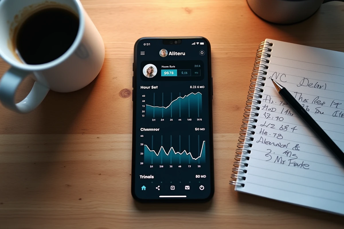 Vue en plongée d'un smartphone affichant les statistiques de temps de jeu League of Legends sur une application de suivi LoL posé sur un bureau en bois avec carnet de notes