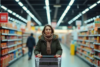 Femme faisant ses courses dans un supermarché ouvert le 1er janvier, rayons bien garnis et allées quasi vides
