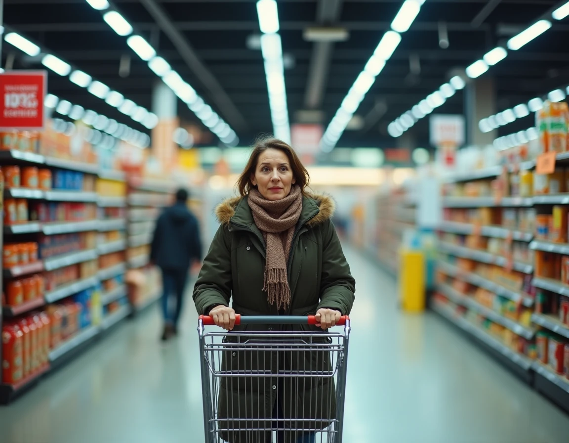 Femme faisant ses courses dans un supermarché ouvert le 1er janvier, rayons bien garnis et allées quasi vides
