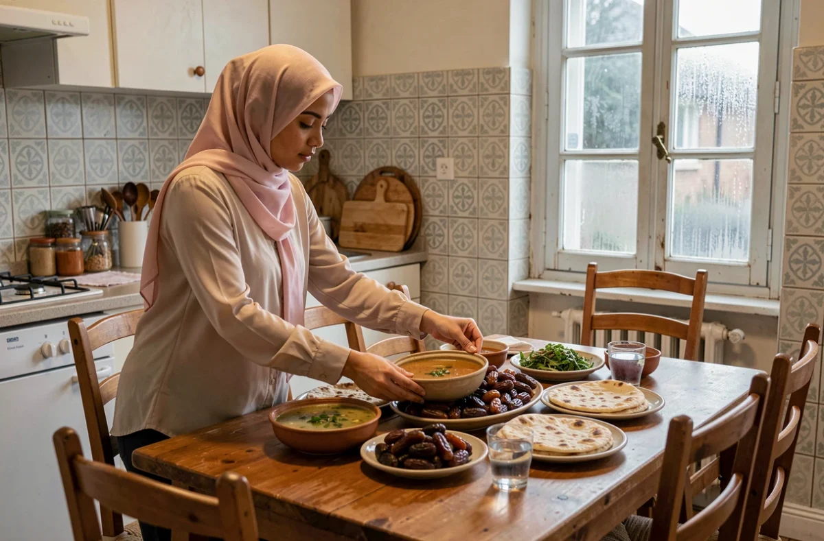 Femme préparant la table de l'iftar avec dattes et harira pendant le Ramadan à Roubaix
