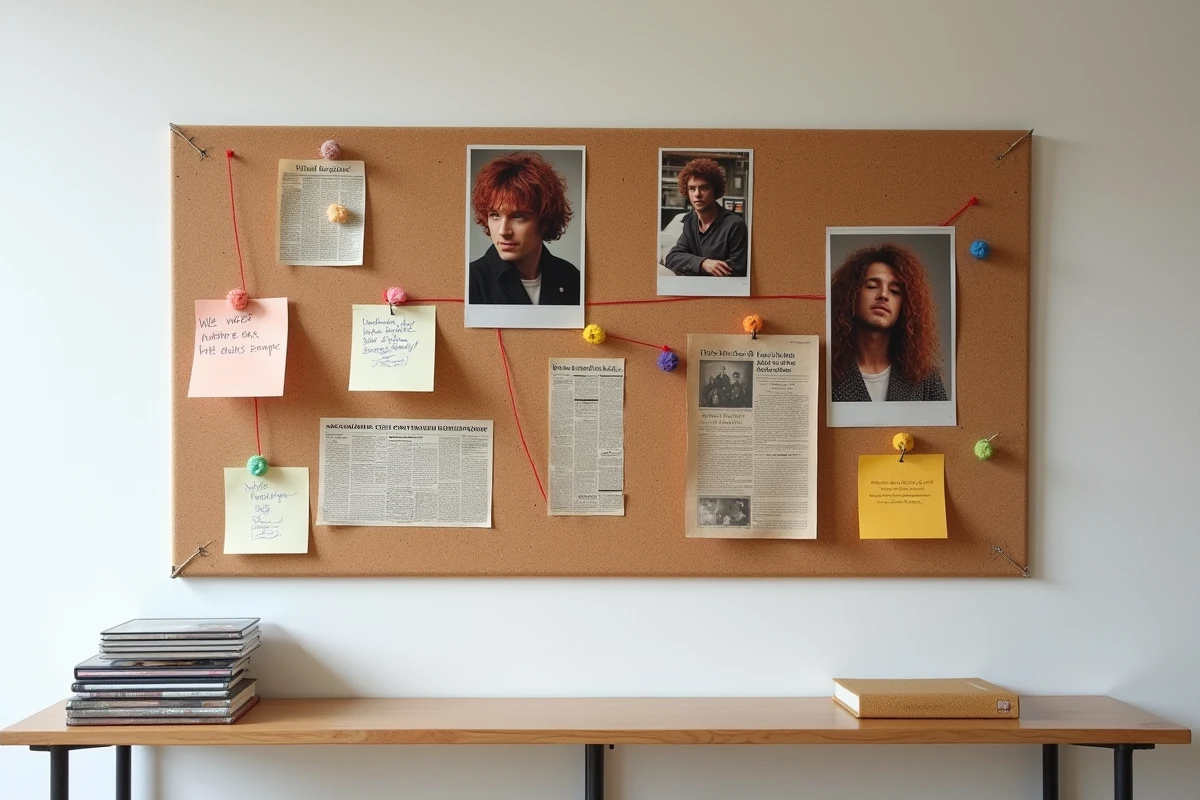 Tableau de recherches avec photos et notes reliées par du fil rouge pour retrouver un chanteur anglais roux