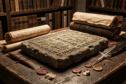 Tablette de pierre ancienne gravée de symboles runiques et de figures mythologiques posée sur une table en bois sombre entourée de parchemins, évoquant un pacte primordial entre titans et lignées eldiennes