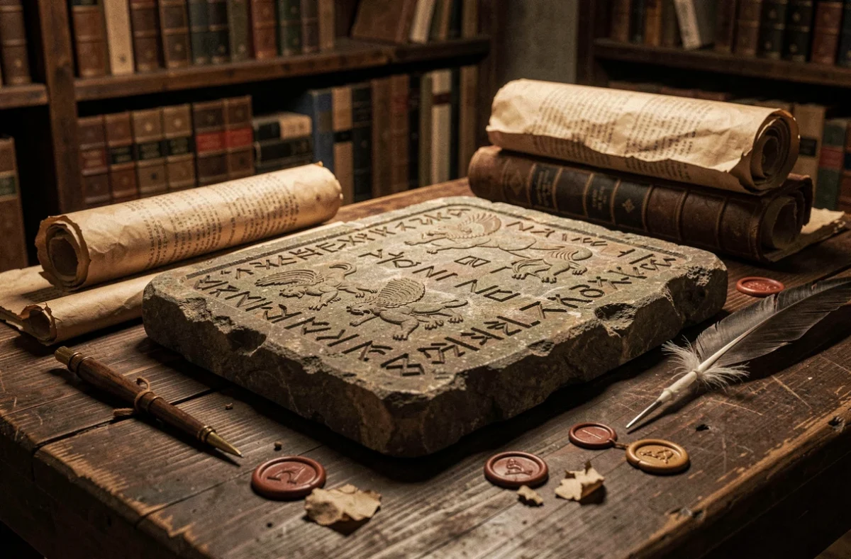 Tablette de pierre ancienne gravée de symboles runiques et de figures mythologiques posée sur une table en bois sombre entourée de parchemins, évoquant un pacte primordial entre titans et lignées eldiennes