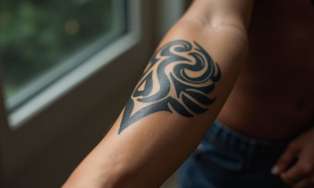 Gros plan d'un tatouage tribal noir sur l'avant-bras d'une jeune personne
