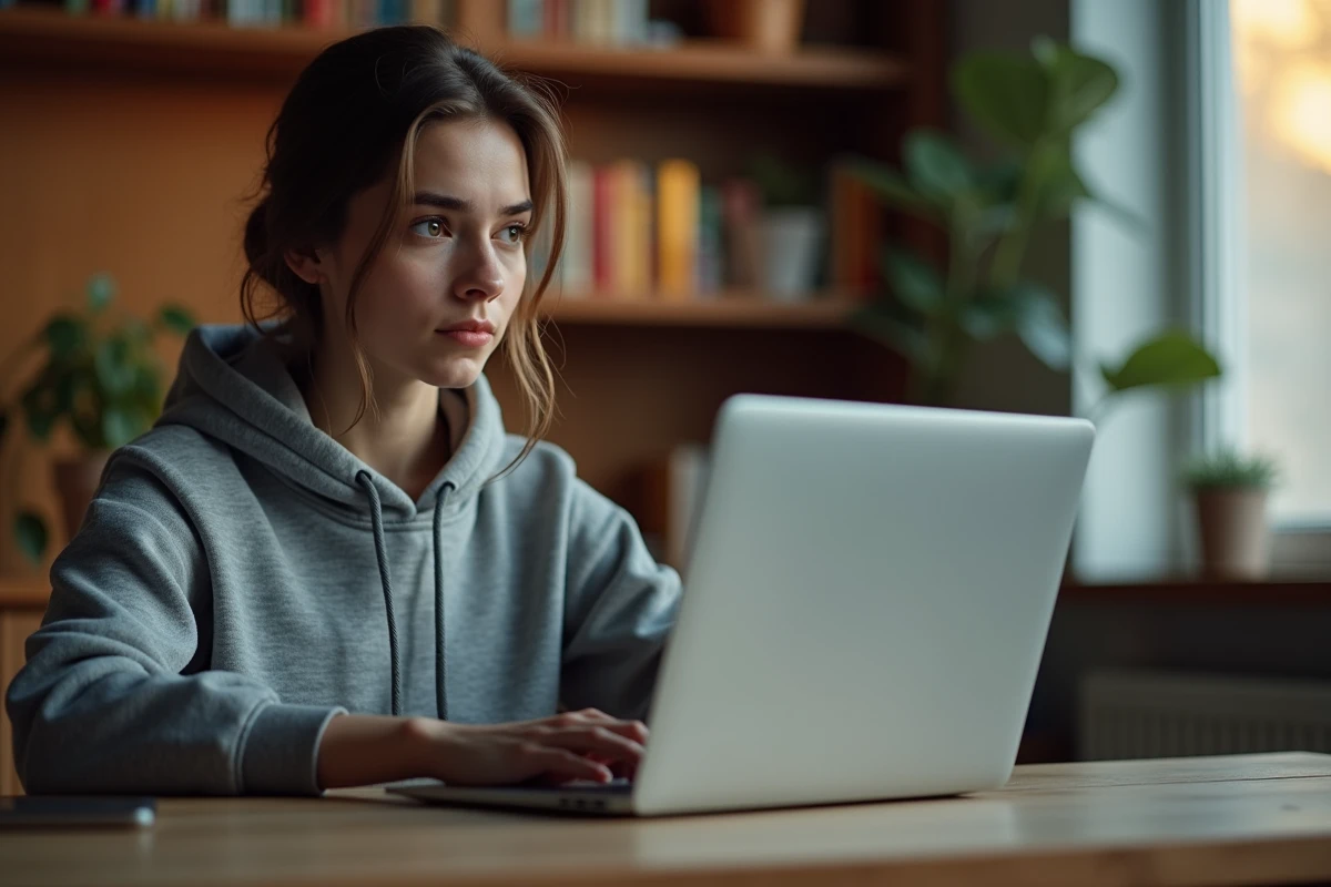 Jeune femme en sweat à capuche tapant anonymement sur un ordinateur portable dans un appartement moderne, illustrant le tchat anonyme en ligne