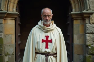 Homme templier en robe historique devant une porte en pierre