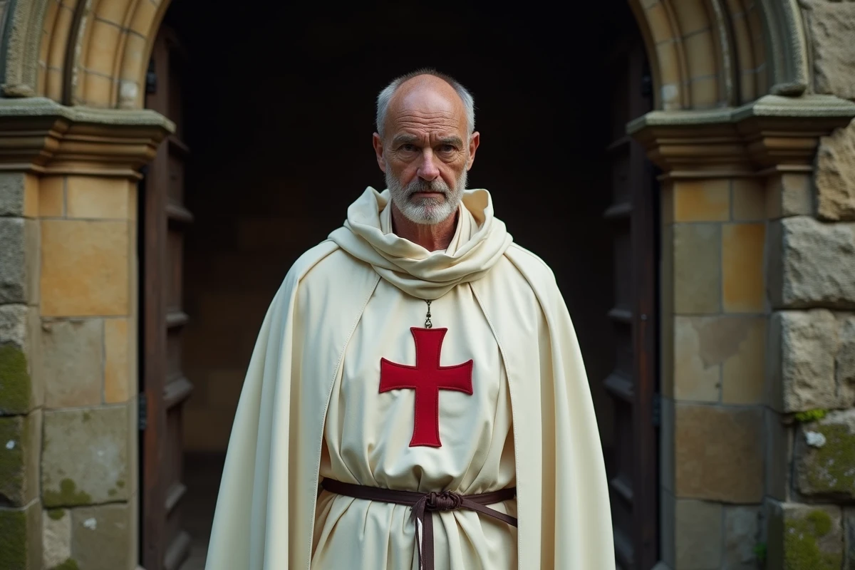 Homme templier en robe historique devant une porte en pierre