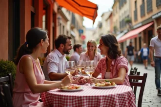 Terrasse animée d'une brasserie traditionnelle à Toulouse avec tables en bistrot et murs en briques roses