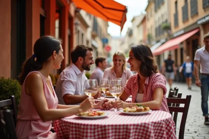 Terrasse animée d'une brasserie traditionnelle à Toulouse avec tables en bistrot et murs en briques roses