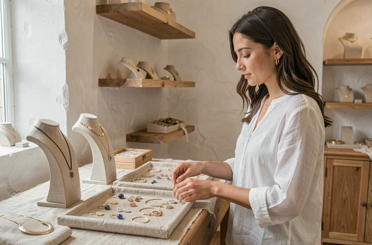 Créatrice de bijoux arrangeant sa collection dans le showroom Thabora en Isère