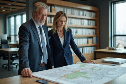 Homme et femme en réunion avec cartes de zonage