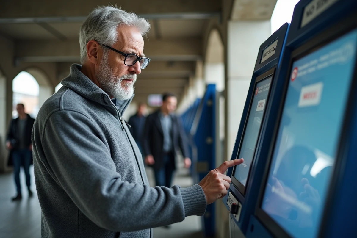 Usager des transports en commun sélectionnant un abonnement par zones sur une borne Navigo en gare RER