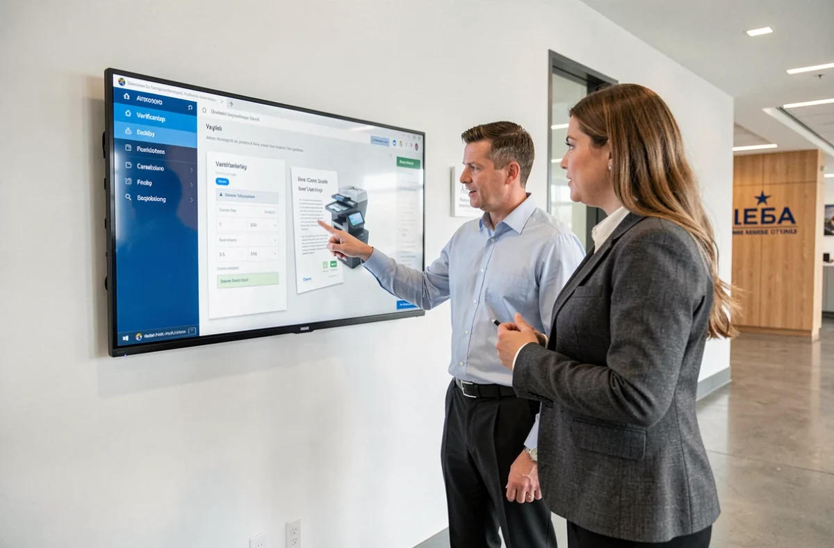 Deux professionnels examinant une interface de vérification de documents sur un écran tactile mural en entreprise
