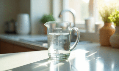 Verre mesureur d'eau de 150 ml sur un plan de cuisine