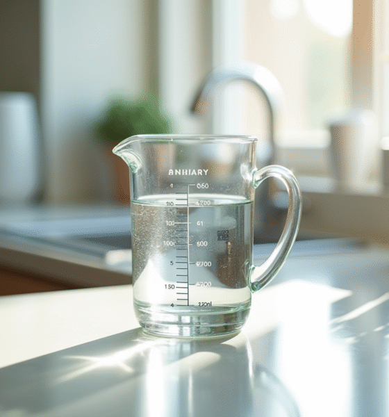 Verre mesureur d'eau de 150 ml sur un plan de cuisine