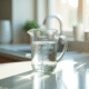 Verre mesureur d'eau de 150 ml sur un plan de cuisine